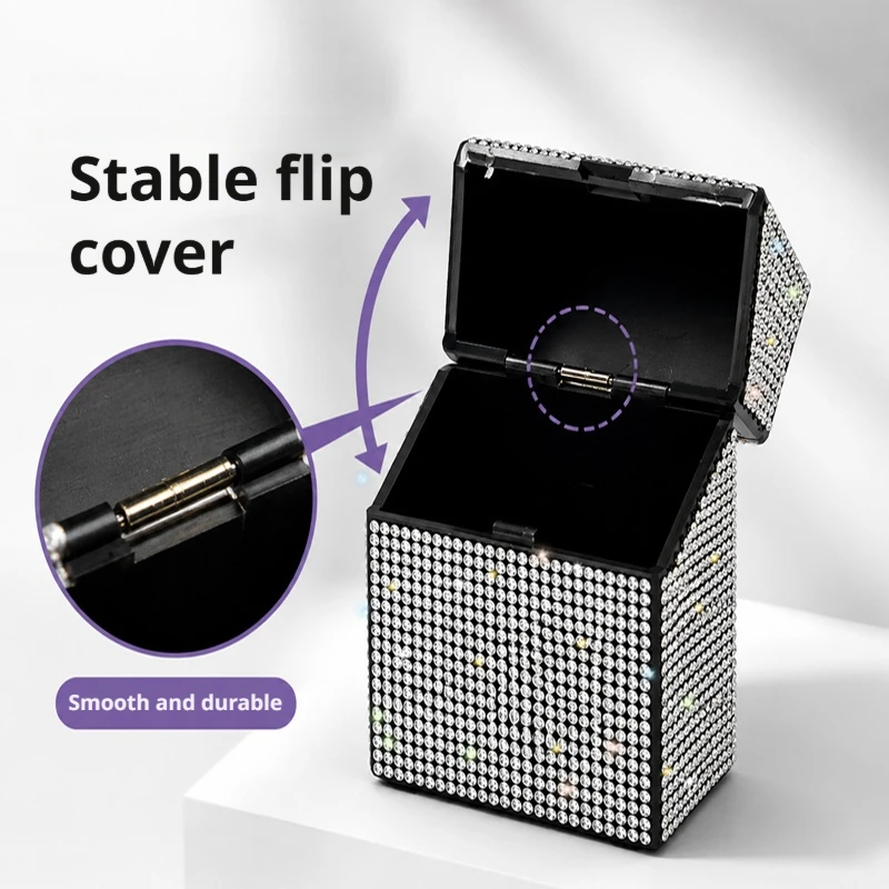 Rhinestone Cigarette Case, Flip Cover Cigarette Box, Moisture-Proof Cigarette Holder, Portable Pocket Smoking Case, Metal Cigarette Case view 3