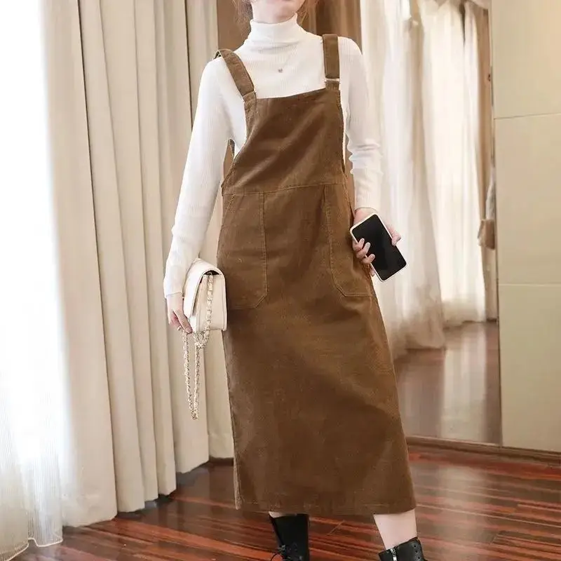 

Vintage Autumn Winter Corduroy Dress Women Sleevelss Suspender Loose Casual Fashion Brown Long Robe Elegant Vestidos de Mujer