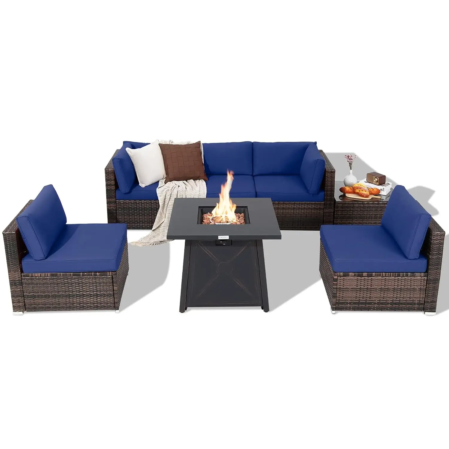 7 Piece Rattan Sofa Set w/Propane Fire Pit Table, 50,000 BTU Heat, Protective Cover, Outdoor Patio Furniture, Customized