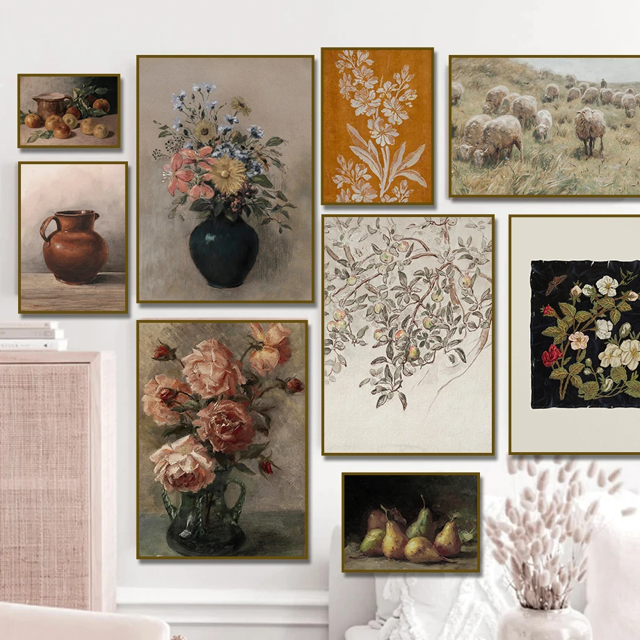 Vintage Jug Wild Flower Still Life Diamond Painting Neutral Country Kitchen Print  Moody Pear  Sheep Nursery Botanical Wall De