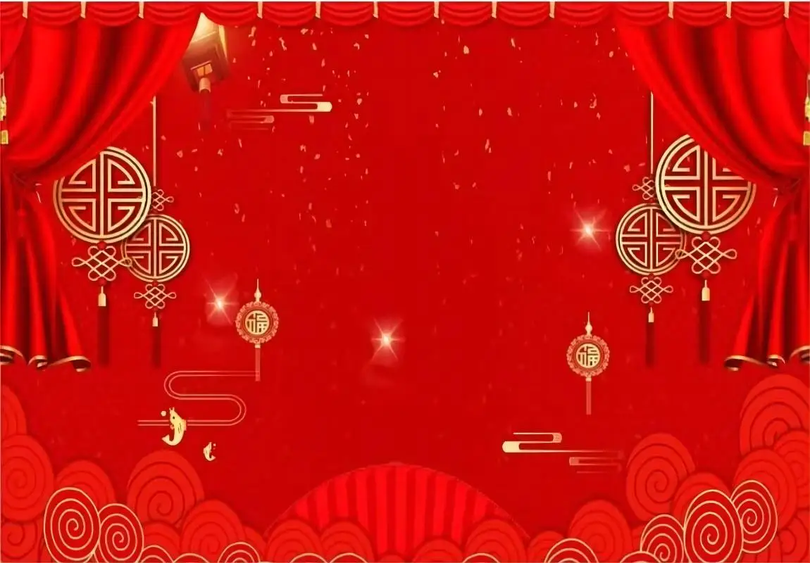 Happy New Year Backdrop Red Curtain Paper Flowers Chinese Knot Photography Background Decoration for Family Party Photo Banner