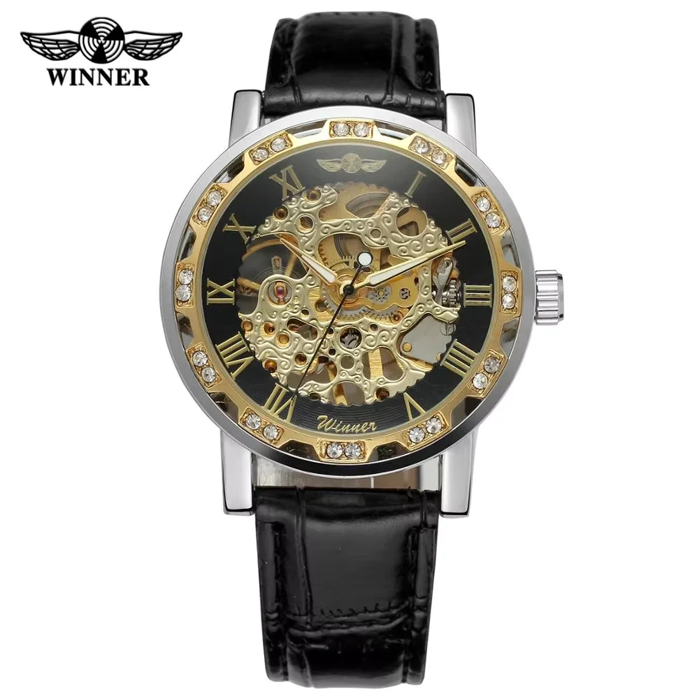 WINNER Fashion  Women's Watch With Diamonds Hollow Dial Silver Case Black Leather Strap Automatic Mechanical Watch