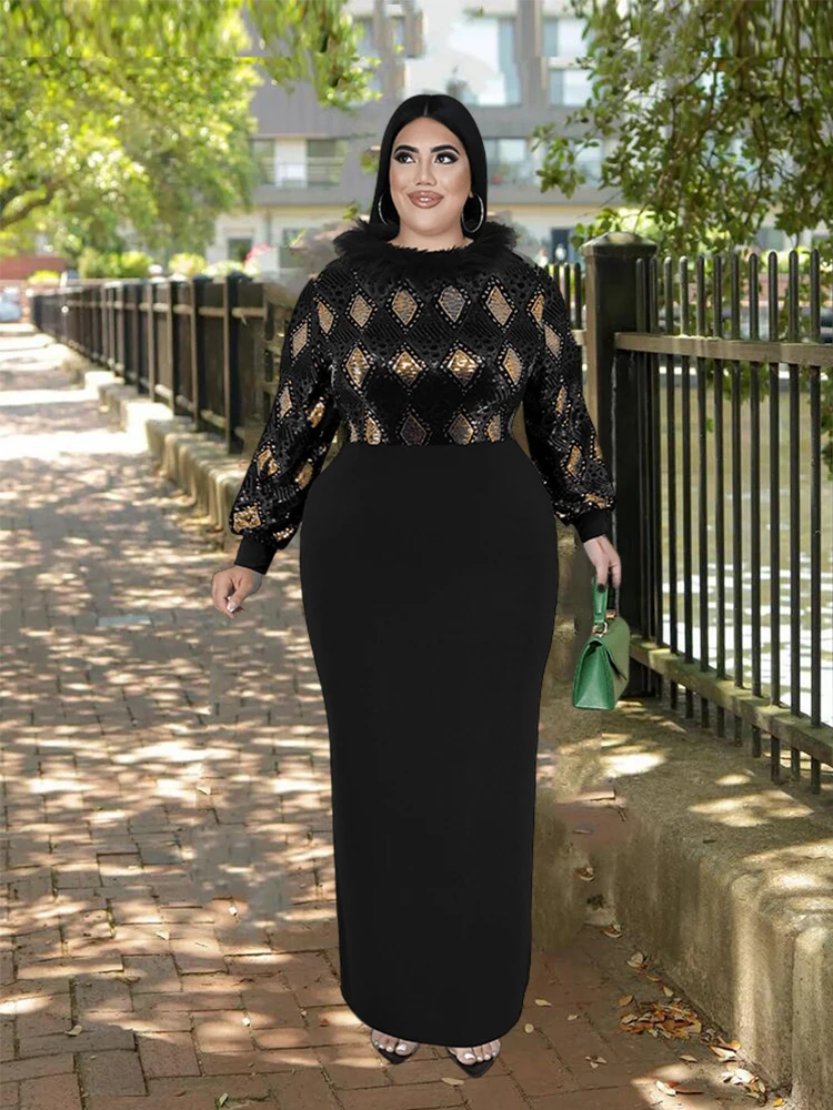 Christmas Dresses for Women Winter Luxury Dress with Fur Neck Collar Elegant Plus Size Sequin Dress Wholesale Dropshipping