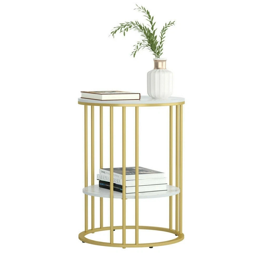 

Marble Accent Coffee Table Nightstand 2 Tiers Round Sofa Side Table Sintered Stone Gold Metal Frame End Table