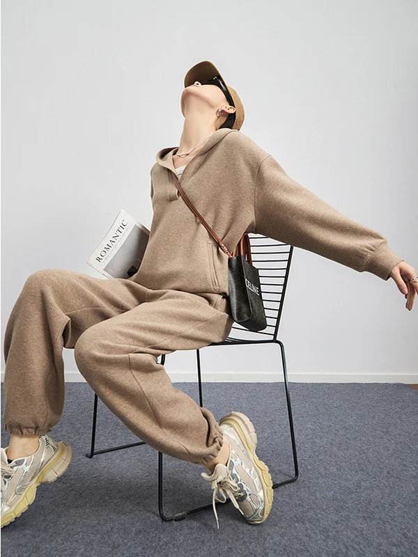 Chic Brown Hooded Sports Sweatirt Pants Two-Piece Set Women's Early Autumn Clete Set Casual Comfortable Loose Fit