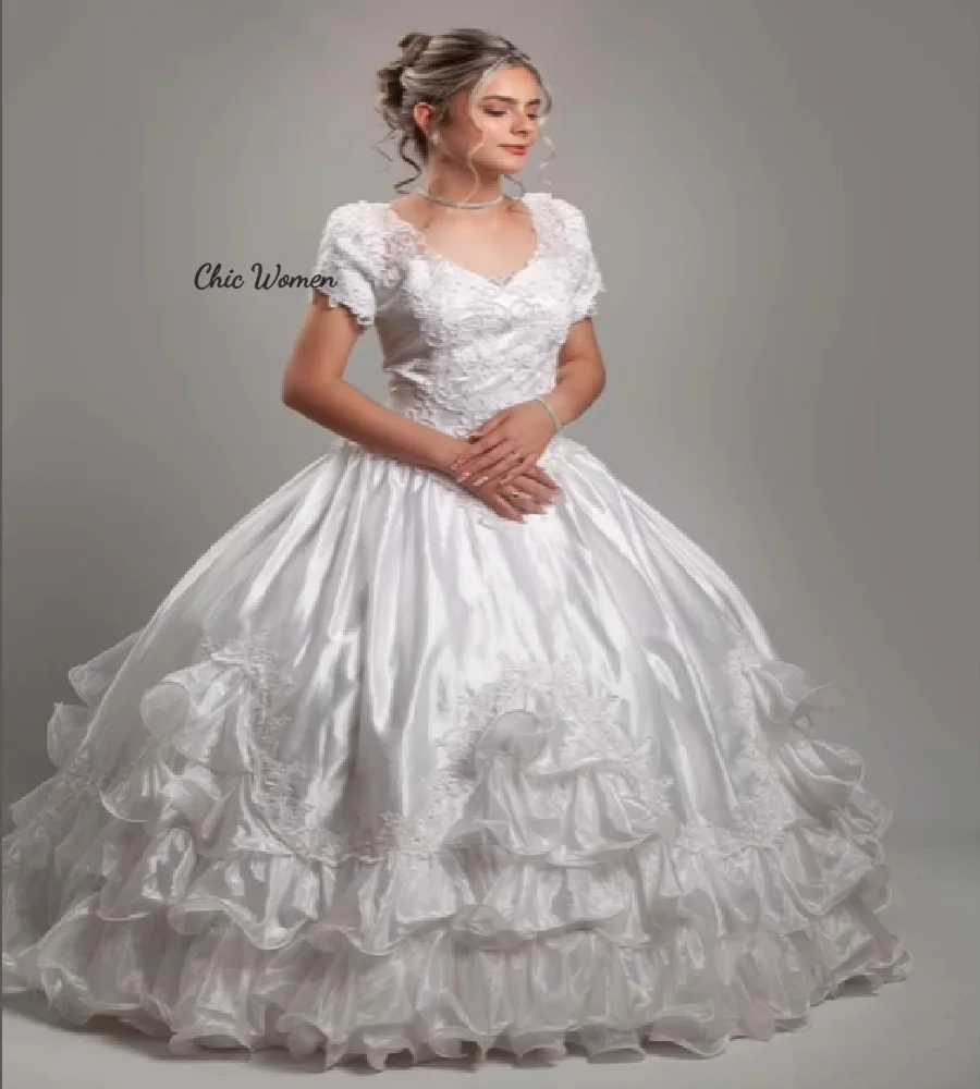

Tiered Skirt 80s Wedding Dress Vintage Short Sleeve Organza Victorian Baroque Bridal Dress Elegant Medieval RenaissancCustomized