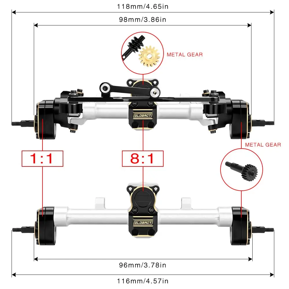 GLOBACT Aluminum Brass Axle Front Rear Portal Axle Housing with Steel Gears and Drive Shaft for 1/24 Axial SCX24 RC Crawler Car