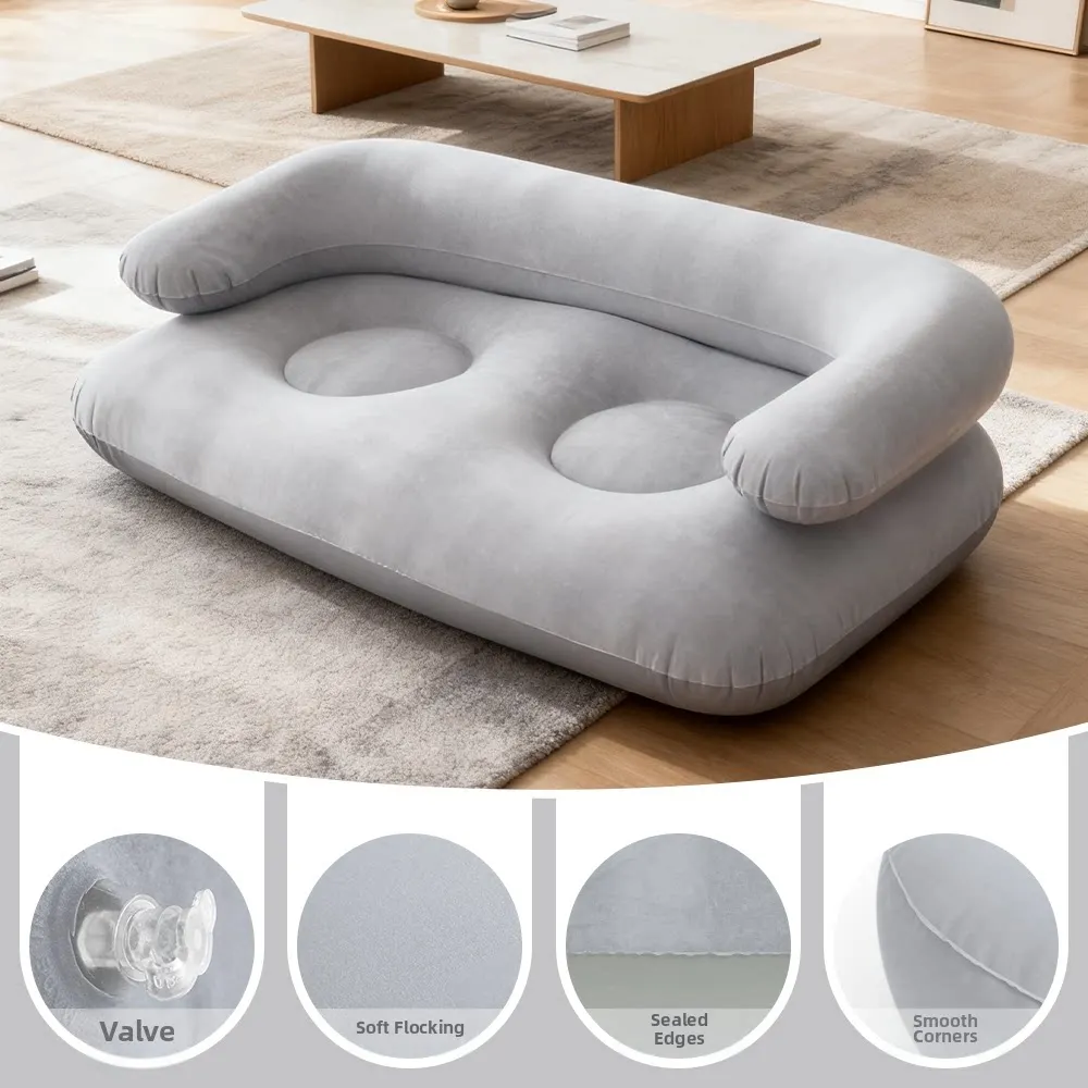 Inflatable Double Sofa Flocking Portable Air Couch Lazy Sofa for Outdoor Camping Home Living Room