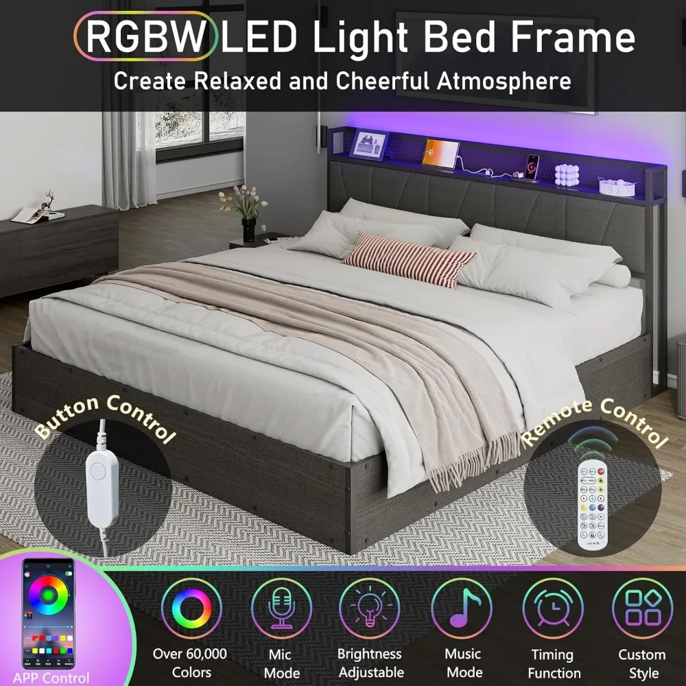 Kingsize Lift Up Opbergbedframe Met Rgb Led-Lichtplatform Met Laadstation/Linnen Gestoffeerd Hoofdeinde/Geen Boxspring