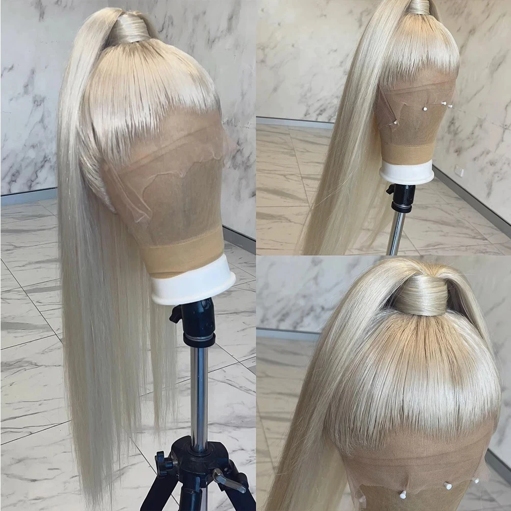 QW Straight Platinum Blonde Synthetic Hair Lace Frontal Wigs for Women Middle Part Pre Plucked  Glueless Daily Party Wear Wigs