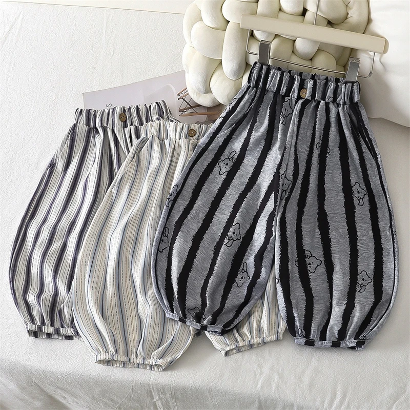 Summer Kids Anti-Mosquito Pants Striped Bear Print Lantern Ankle Length Trousers Toddler Boys Girls Breathable Loose Bloomers