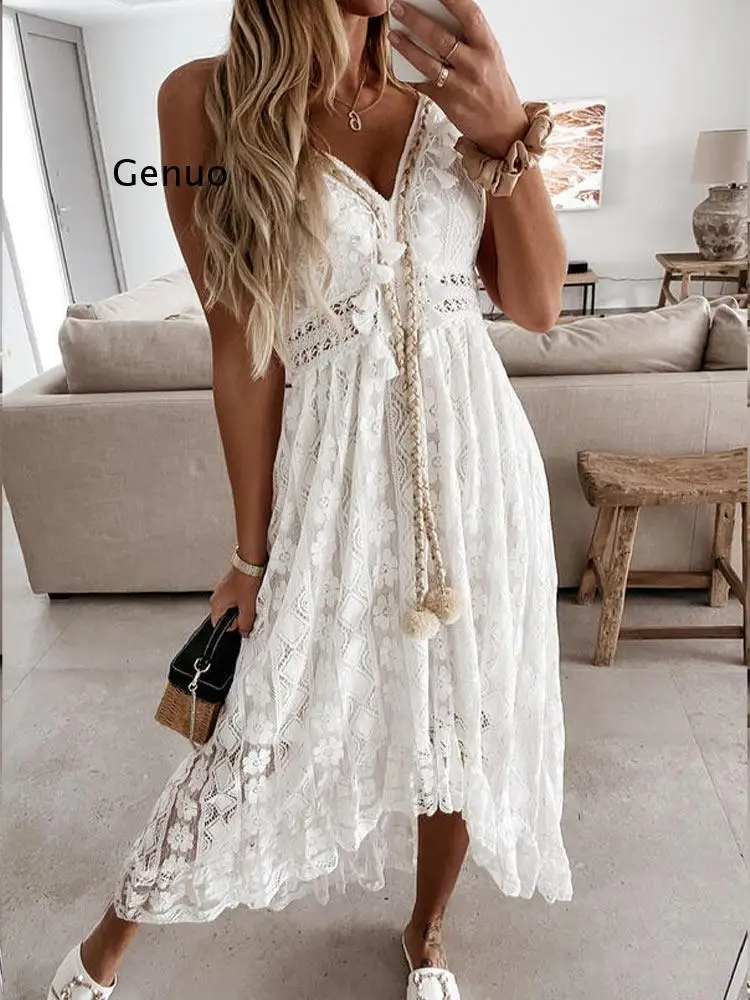 Imagem -03 - Vestido Maxi Feminino Boho com Alça de Espaguete sem Ombro Branco Laço Decote v Vestido de Verão Verão Lady