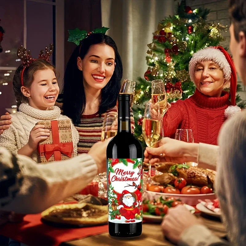 8PCS Christmas Wine Bottle Label Sticker Beverage Bottle 4 Designs Waterproof Xmas Wine Bottle Label Stickers Wine Decorations