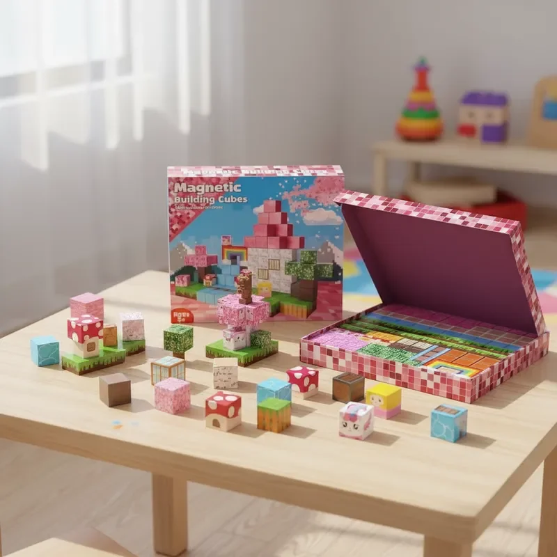 100Pcs Magnetic Tiles Set Free Build Rainbow Forest Pink Girl 3D Creative DIY Decoration Kids STEM Toy Holiday Gift Premium Box