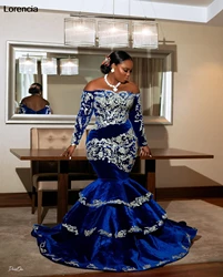 Lorencia African Royal Blue Mermaid Prom Dress Long Sleeve Velvet Tiered Aso Ebi Formal Occasion Party Gown Robe De Soiree YPD18