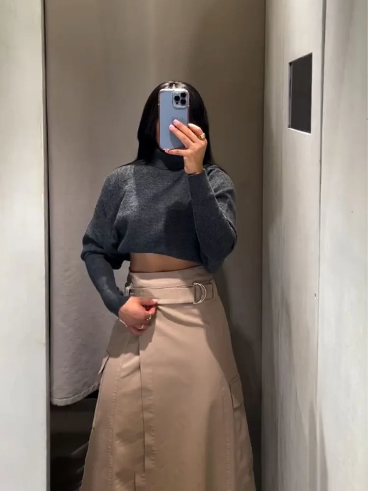 Hh Woman Spring Fashion Versatile Belt Pocket Patchwork Decoration Work Clothes Midi Skirt Female Casual Street Style Skirt