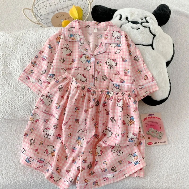 

Japanese Kitty Sweet Clouds Cotton Pajamas Women's Summer Short-sleeved Shorts Thin Cute Out Home Clothes Suit.