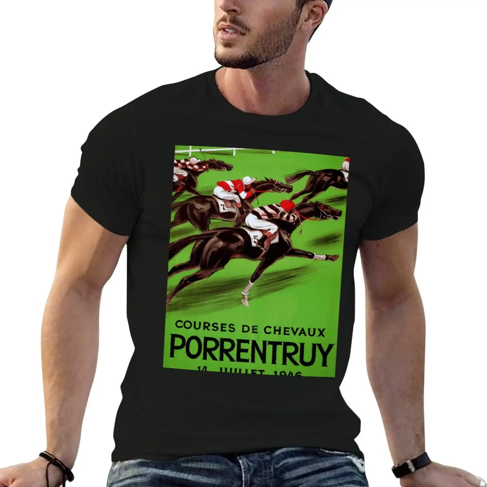 Vintage horse racing sport and travel advert T-Shirt Basic Plain Short Sleeve Crew Neck Tee