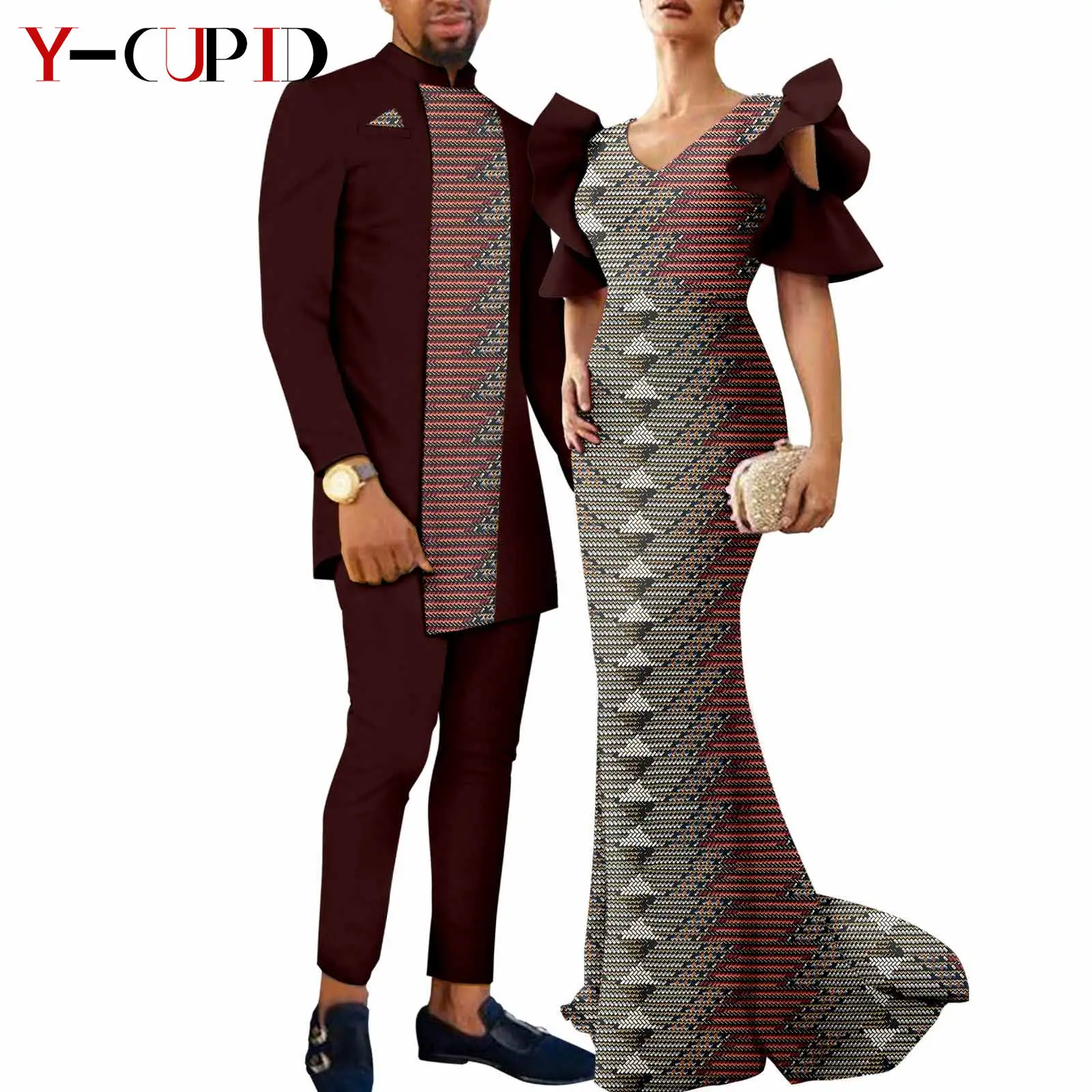 Vestidos africanos a juego para hombre y mujer, chaquetas Dashiki, abrigos y pantalones, conjuntos Bazin Riche, ropa estampada para pareja Y23C018