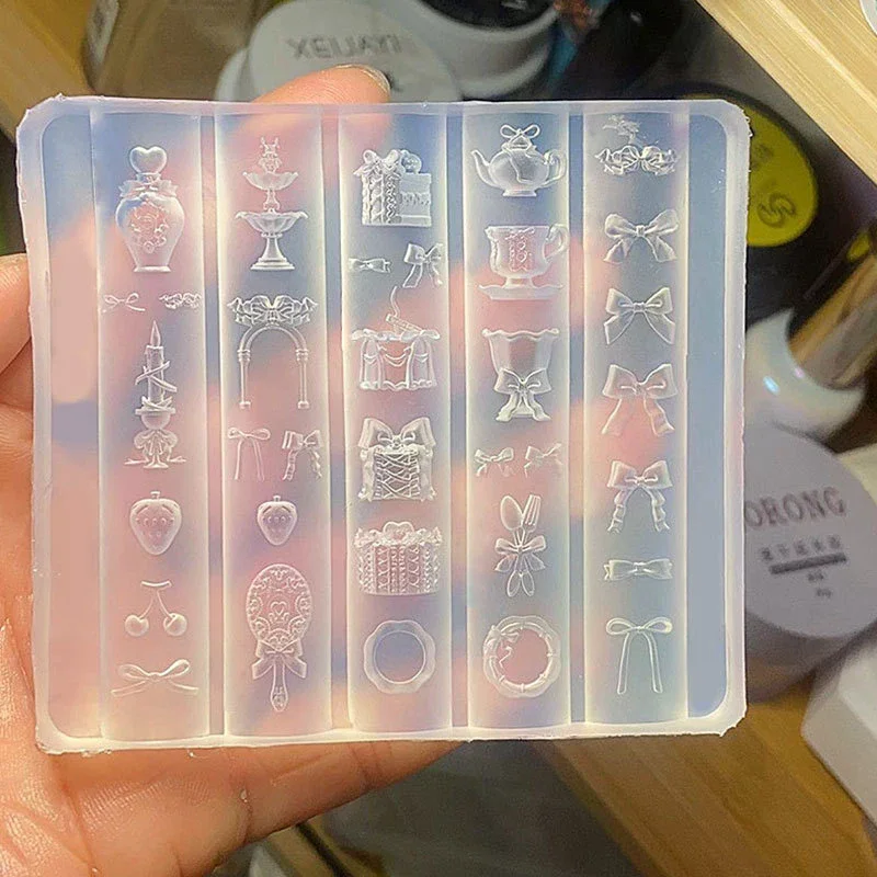 Transparent Nail Art Silicone Carving Mold Bowknot Mirror Teacup UV Gel Polish Art Mould DIY Design Nail Charm Stencils Decor