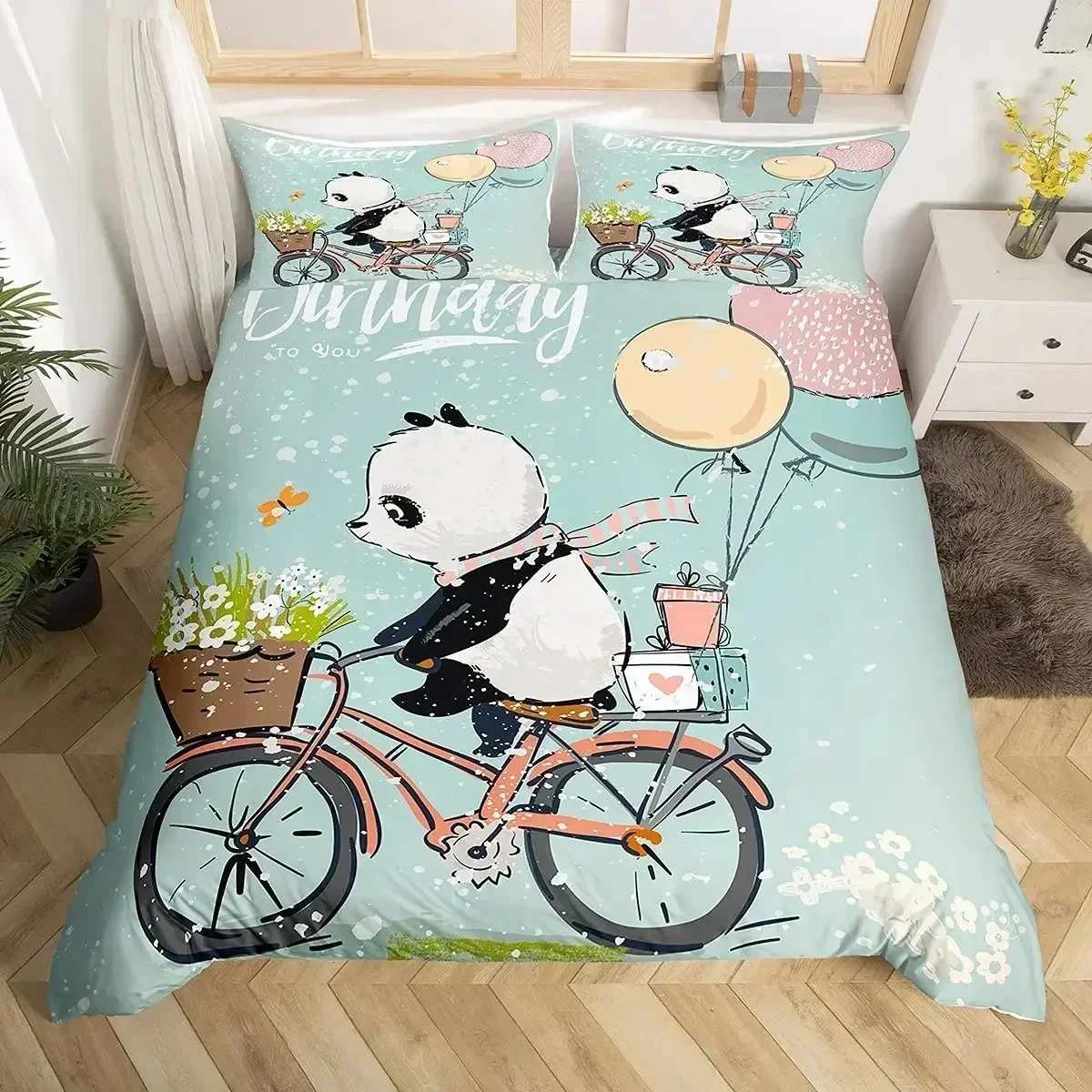 New 3d Animal Panda King Full Kids Romantic Bedding Set Cartoon Animal Duvet Cover Bicycle Balloon Dragonfly Quilt Cover