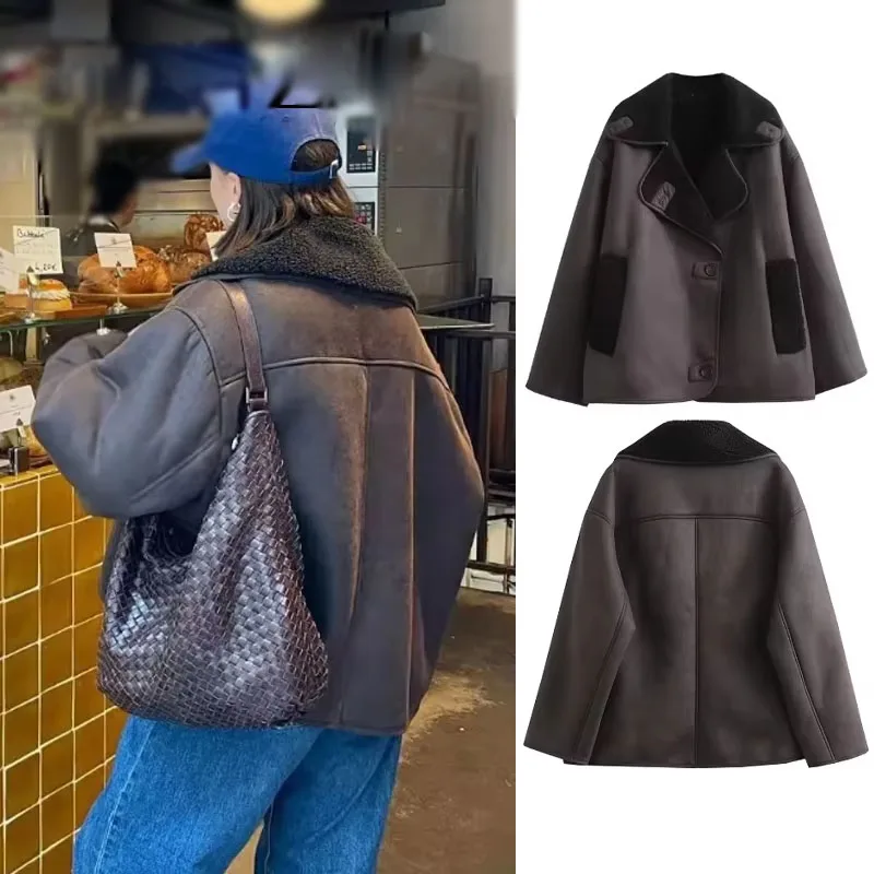 سترة نسائية شتوية موضة 2024 باللون البني سترة كلاسيكية غير رسمية من الصوف الصلب بأكمام طويلة معطف نسائي عتيق بطية صدر السترة