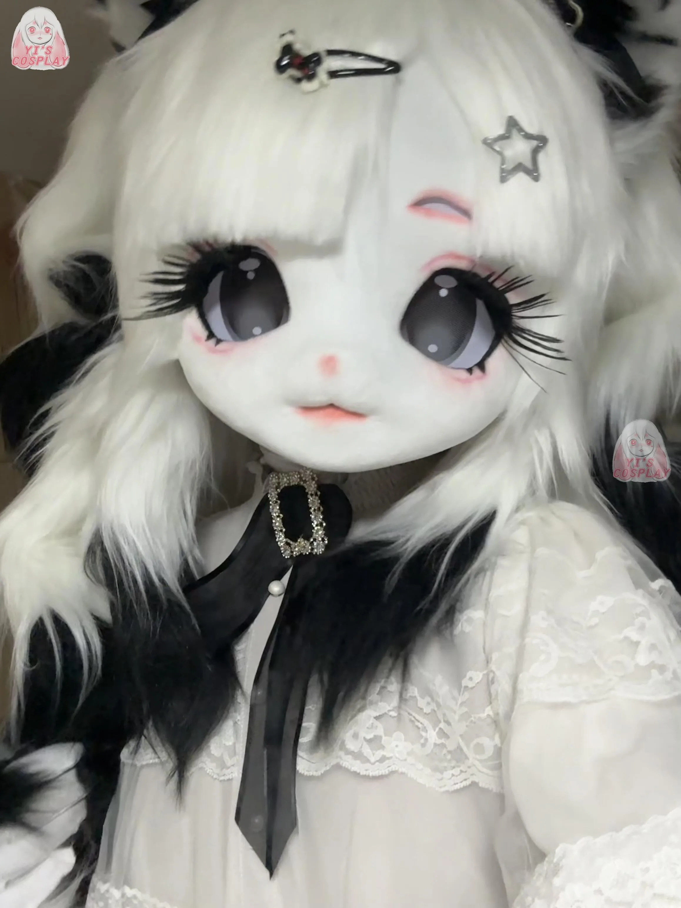 

Fursuit Head Handmade Furry head custom Kigurumi Head Kemono Headsets Beast Customized Fursuit Black and White Adroble Head