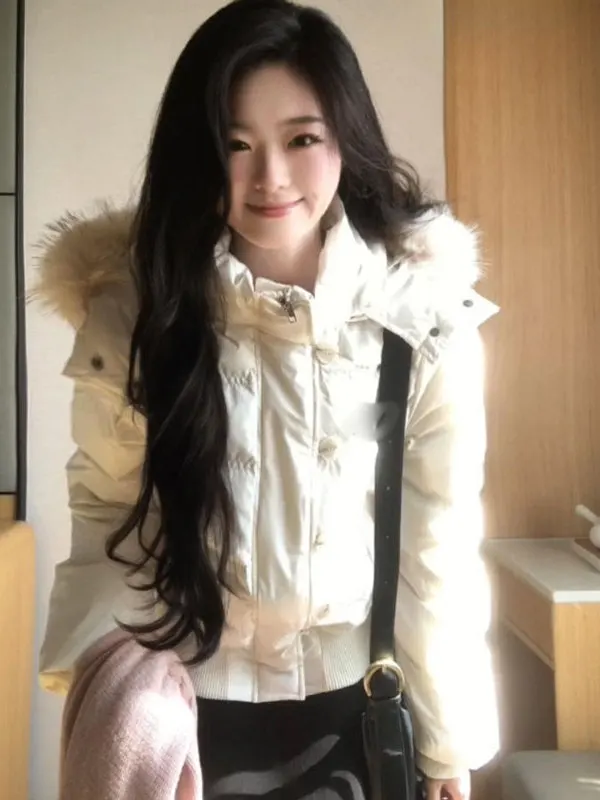 

Милый зимний пуховик из хлопка с капюшоном, теплый, в корейском стиле, приталенный, из трикотажной ткани, на молнии, цветной