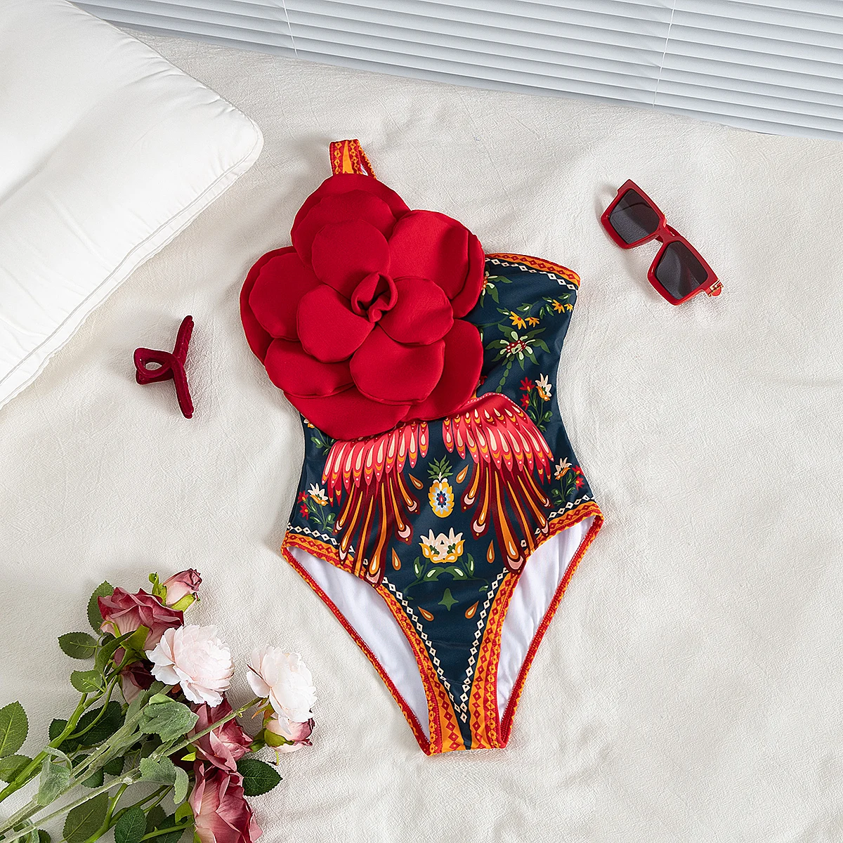 2025 Sexy One-Piece Swimsuit – Tropical Bird Print with 3D Red Flower Perfect for Beach Wear and Pool Parties Summer Beachwear
