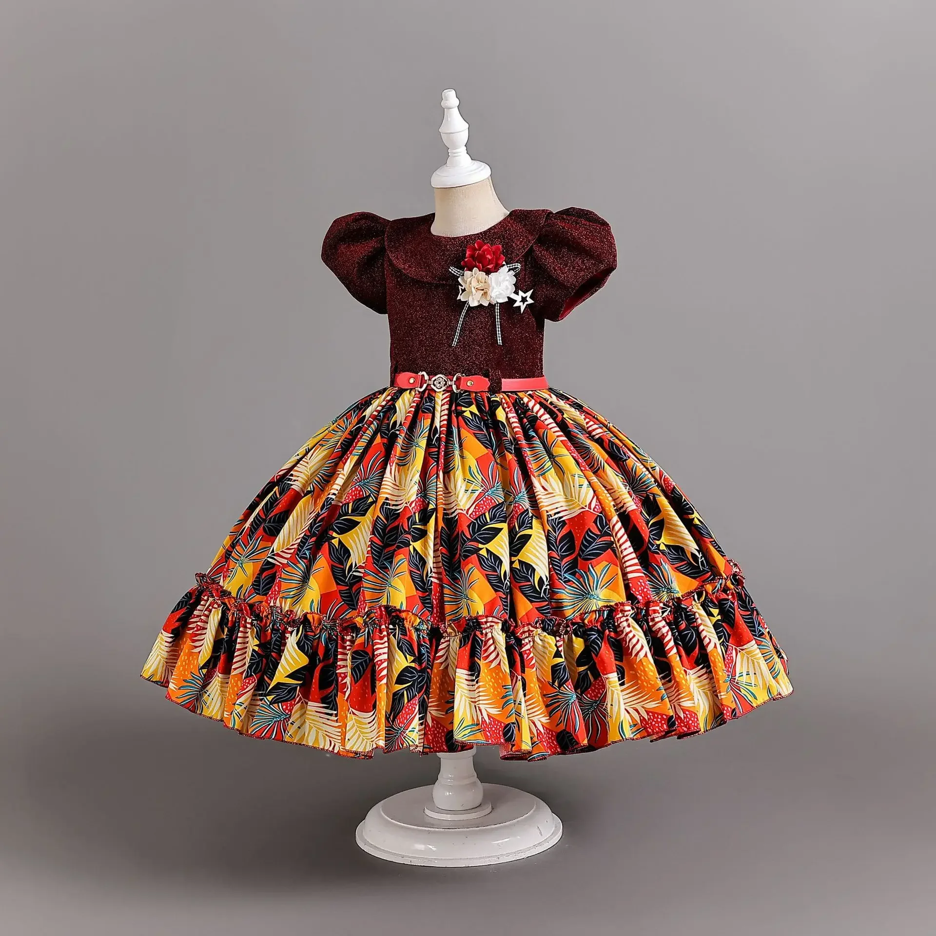 Robe florale rétro avec ceinture en cuir pour enfants, robe de soirée pour enfants, robe de Rhélégante pour bébé fille, costume pour enfants, 4-12 ans