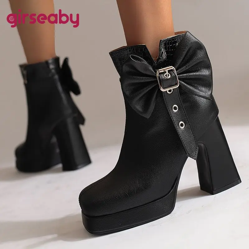 Girseaby الرجعية الإناث حذاء من الجلد ساحة تو 10 سنتيمتر كعب سميك 2 سنتيمتر منصة الجانب سستة Bowknot تمديد حجم 46 47 48 أسود #1