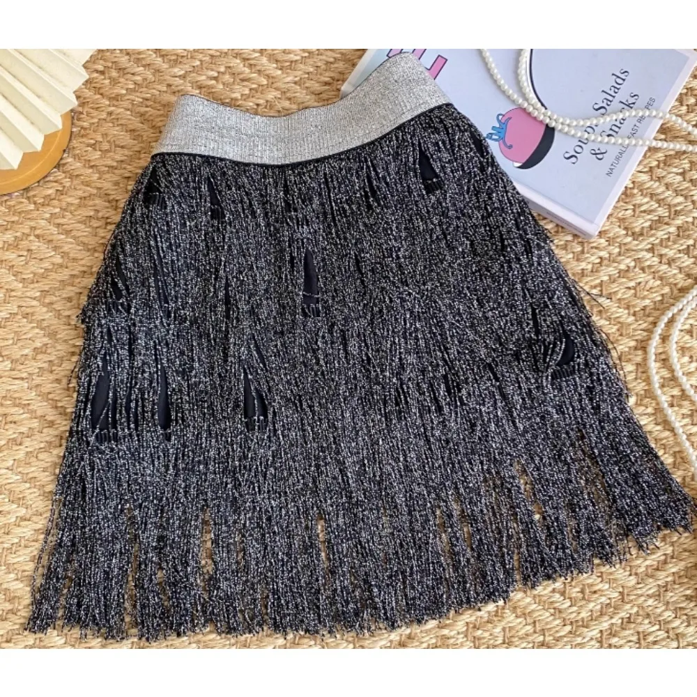 

Chic Sweet Glitter Tassels Elastic Waist Sexy Short A-line Skirt Party Fashion Vintage Luxury Goth Spring Summer Women Clothing