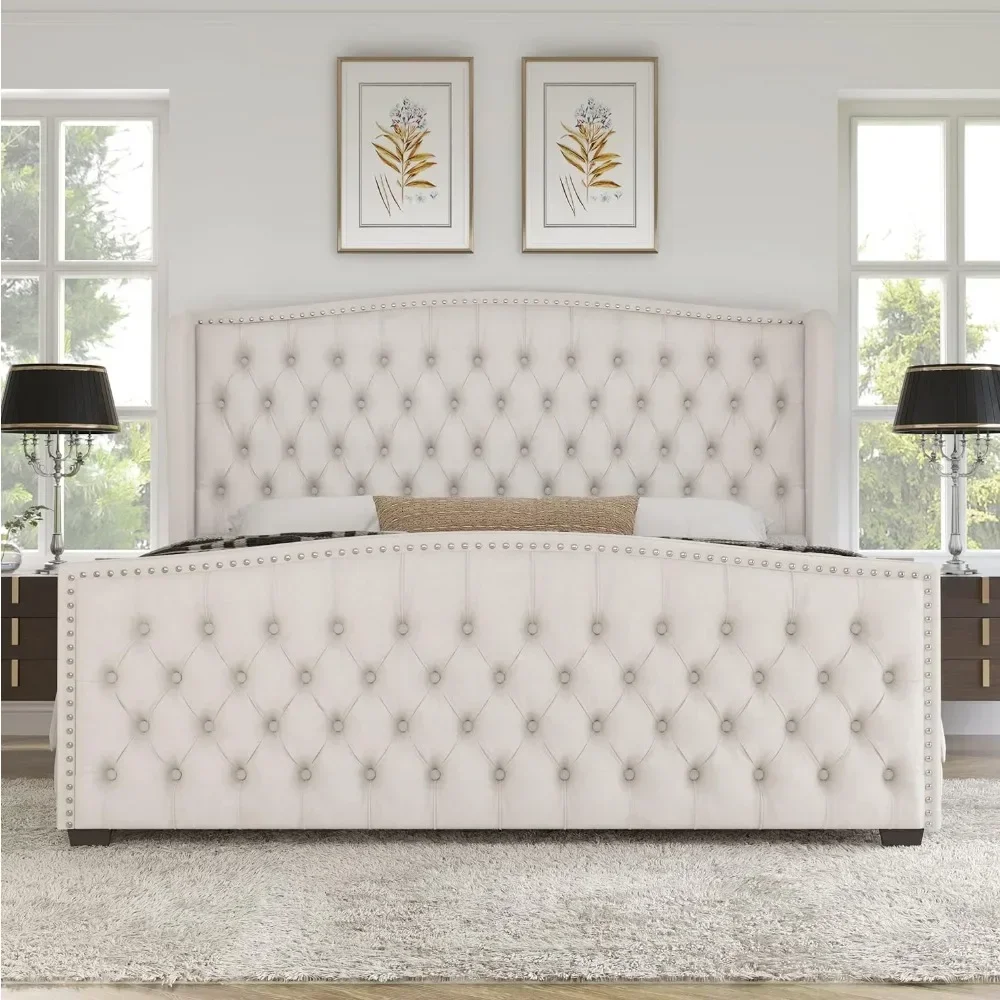 Platform Bed Frame，Velvet Upholstered Bed with Deep Button Tufted & Nailhead Trim Wingback Headboard/No Box