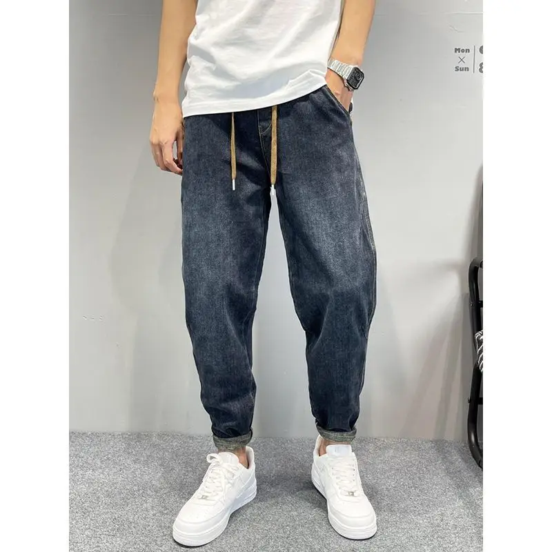 Men's Casual Denim Vintage Washed Loose-Fit Tapered Carrot Pants Autumn Streetwear Embroidered Jeans Baggy Jogger Harem Pants