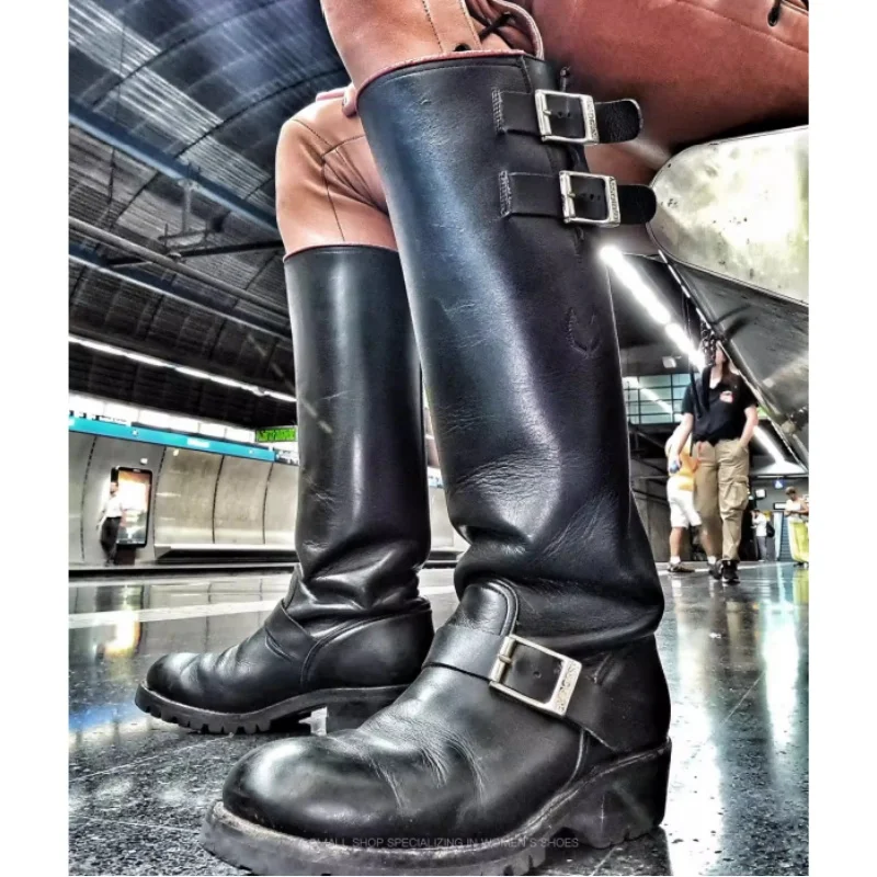 Black Long Motorcycle Boots Men's Leather Belt Buckle Decor Knight Boots Thick Heels Workwear Long Boots Super Cool Boots view 4