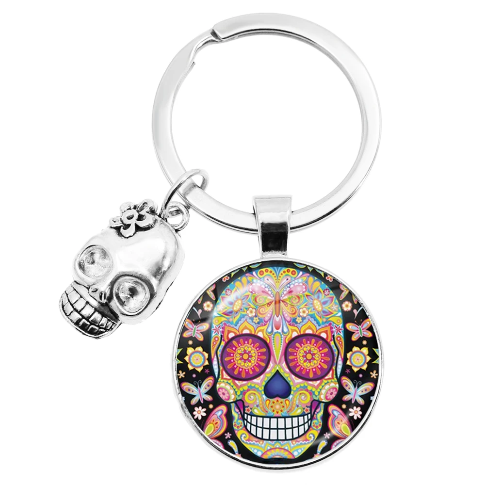 Hot Selling Colorful Sugar Skull Keychain Mexico Folk Art Patterns Glass Key Chain Skulls Accessory Jewelry Holiday Gift