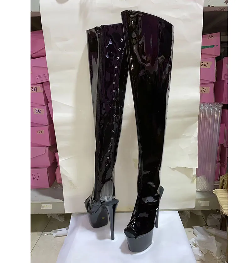 

7Inch thin high heel Plus Size 12 Exotic Over The Knee Boots 17cm platform open toe women Lace Up stripper heels boots leather