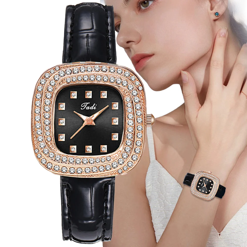 Fashion Ladies 2024 Luxury Square Simple Full Star Diamonds Quartz Watch Casual Black Leather Women's Clock Wristwatch