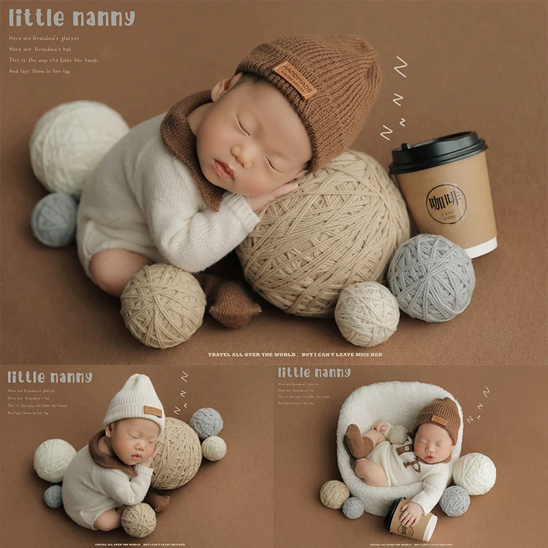 Newborn Photography Doll Clothing,Coffee Cup,Baby Girl Costume,Yarn Balls,for Kid Studio Photo Background Shoot Props Accessorie