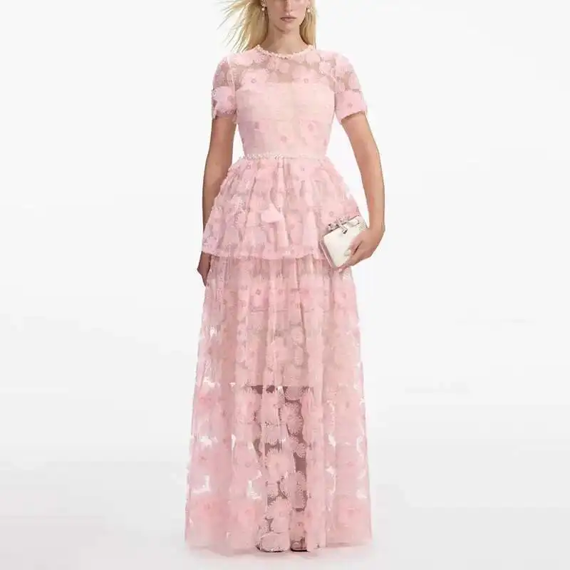 Abiti da sera lunghi scavati in pizzo ricamato di cristallo di lusso Abiti da sera lunghi estivi da donna eleganti a maniche corte con perline e perline