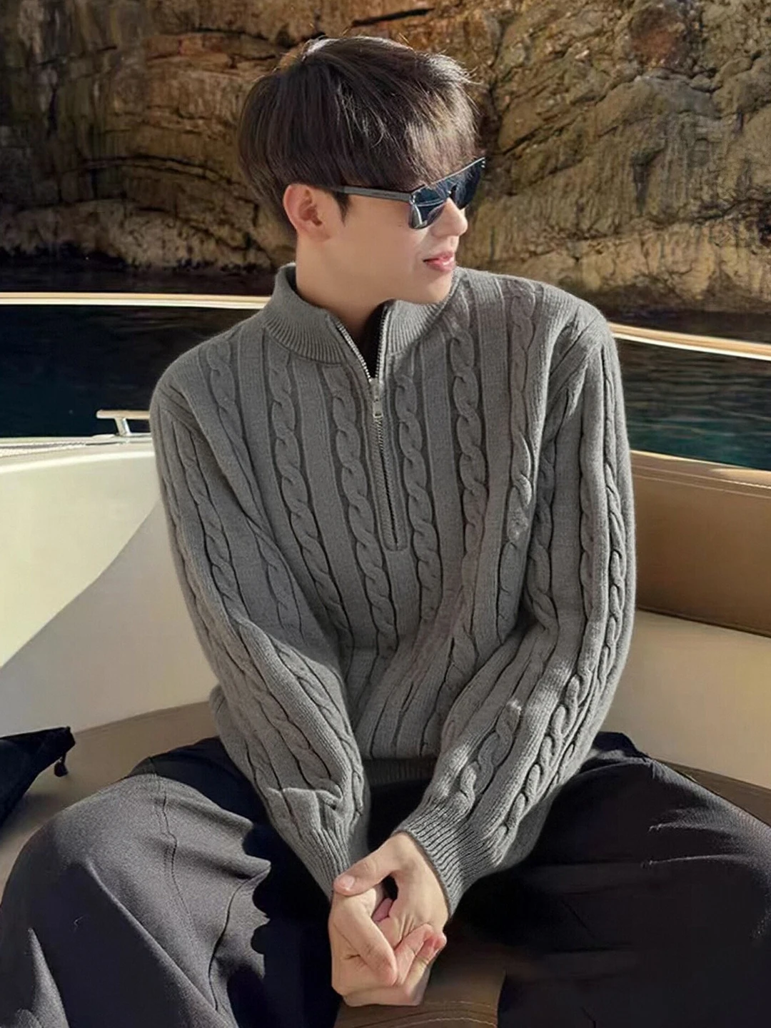 

ay Knitted Sweater with f Zip Twist Pattern Men's Winter Faion Inner Wear American Retro Sle Soft Comfortable Fit