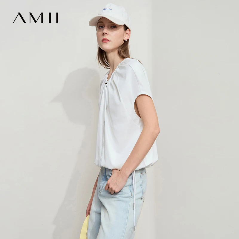 Amii Women's Top Minimalist 2026 Summer Solid Color Drawstring Adjustable Neckline Raglan Sleeve Loose Cotton T-Shirt 12542059