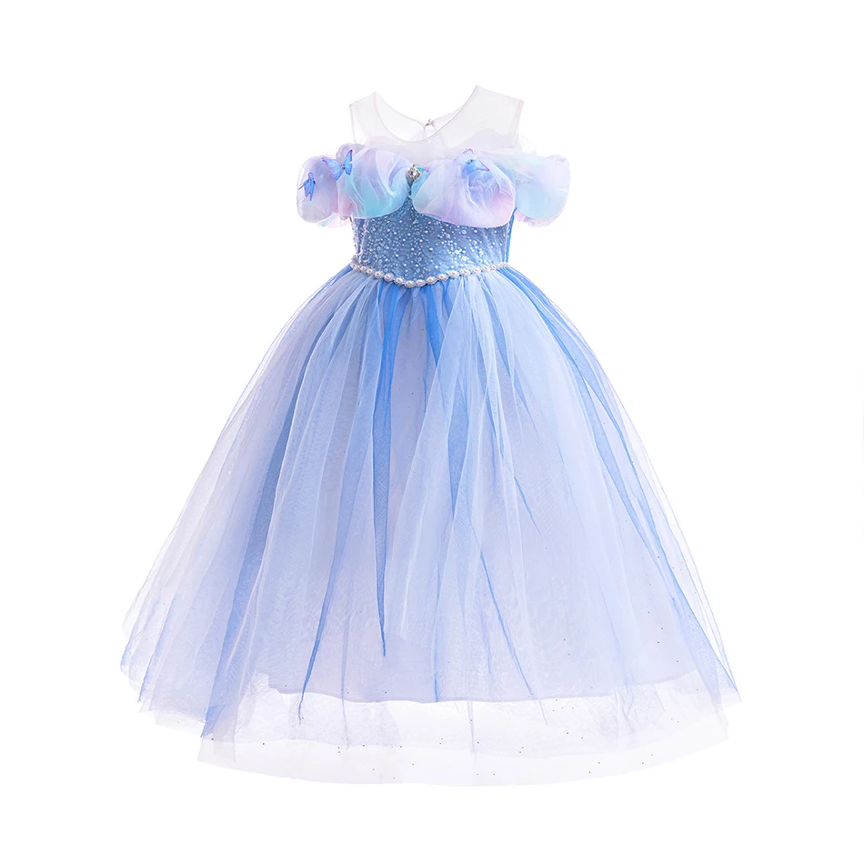 Girls Blue Butterfly Tulle Princess Dress with Accessories Set Kids Off Shoulder Sparkly Ball Gown for Birthday Party Halloween
