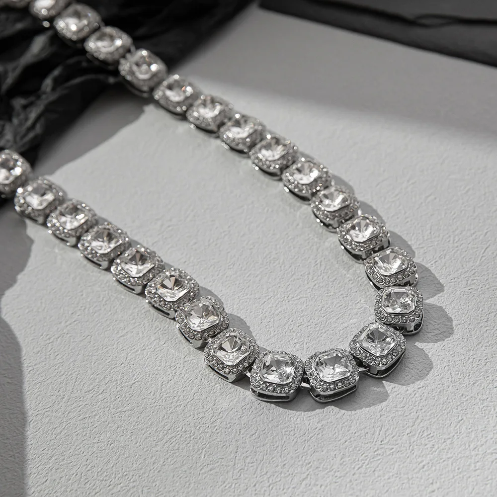 High Quality Stainless Steel 304 Square Iced Out Necklace With A Level Rhinestone Men's Street Hip Hop Choker Chain 13mm