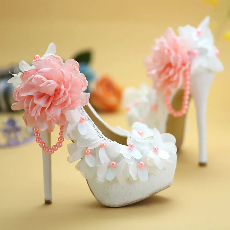 

Sweet Pink Beads Flower Platform Super High Heel Pumps Lacework Flower Wedding Shoes Woman Banquet dress Shoes