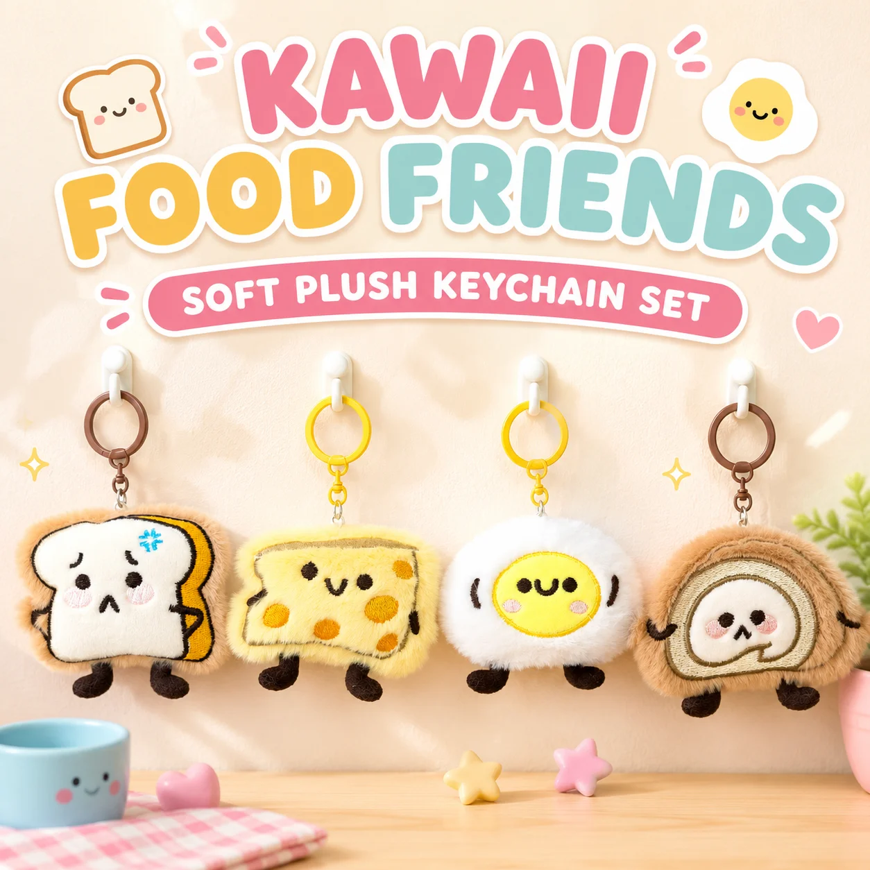 1pc Soft Fluffy Breakfast Snack Plush Bag Keychain Four Collectible Styles Toast Egg Cheese Swiss Roll Embroidery Doll Portable Decor Gift For Office School Travel Girls Friends