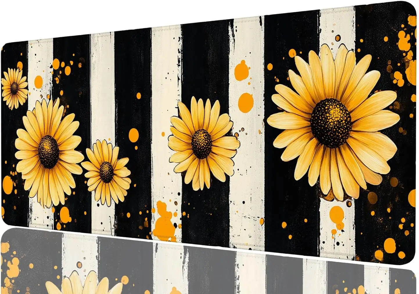 Boho Yellow Daisy Gaming Mouse Pad, Black White Stripe Grunge Sunflower Splatter Print, Non‑Slip Smooth Edge Mat for Home Gaming
