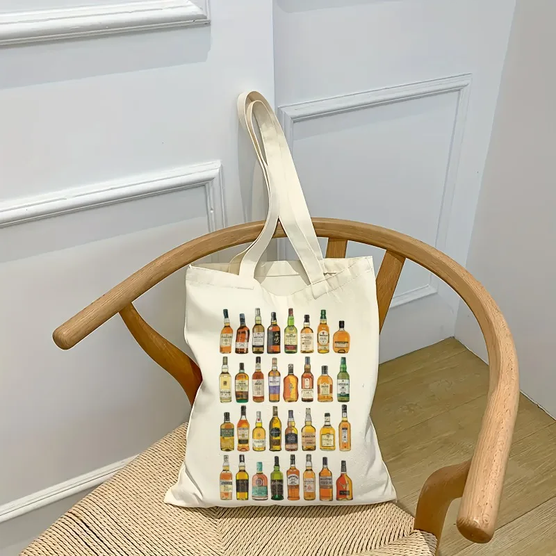 Bottles Wine Tote Bag Full Screen Whiskey Wine Water Pattern Canvas Casual Food Packaging Shopping Bag Storage Bag Good Gifts