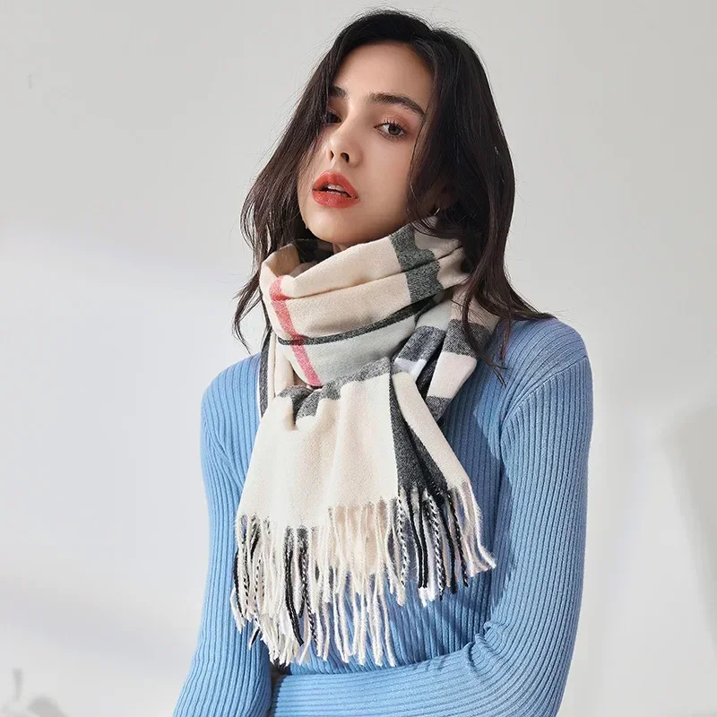 Checkered Scarf Women\'s Autumn and Winter Imitation Cashmere Scarf Medium Length Warm Scarf Shawl Sweet Scarf