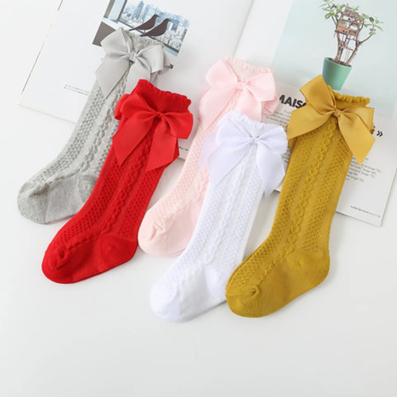 

0-24M Baby Girls Long Socks Toddler Infant Solid Color Cute Bowknot Princess Mesh Socks Infant Spring Summer Casual Stockings